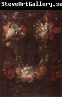 Gaspar Peeter Verbrugghen the younger Still life of a garland of flowers surrounding a niche containing a statue of the immaculate conception